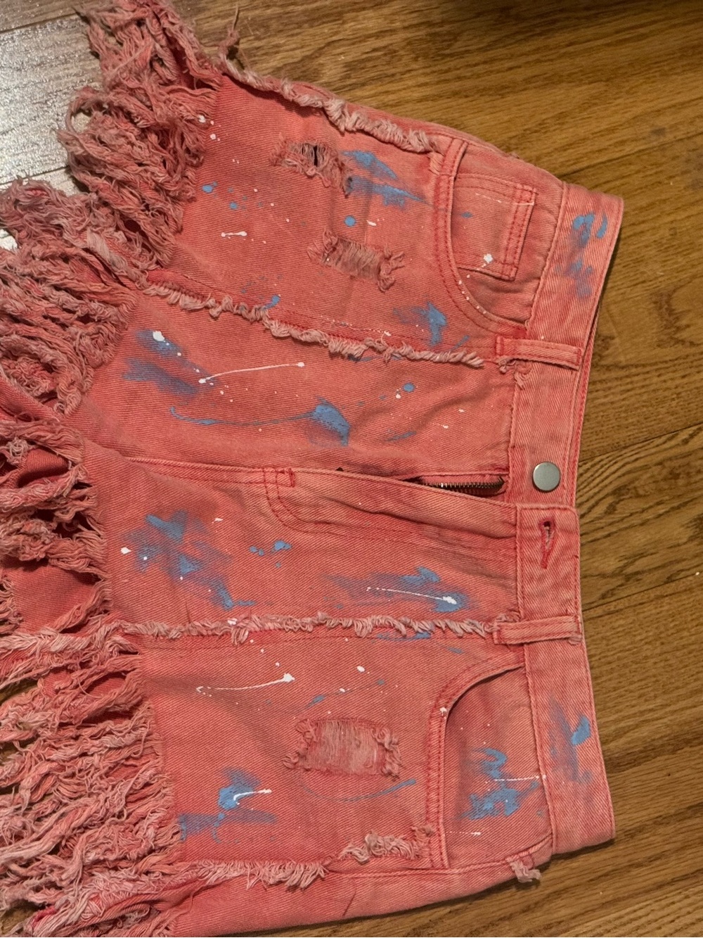 POL Coral Distressed Fringe Denim Shorts with Blue & White Paint Splatter